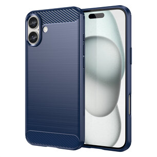 iPhone 16 Plus Hoesje - MobyDefend TPU Backcover - Geborstelde Metaal & Carbon-Look - Blauw