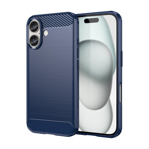 iPhone 16 Hoesje - MobyDefend TPU Backcover - Geborstelde Metaal & Carbon-Look - Blauw