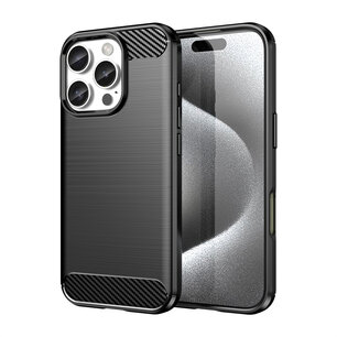 iPhone 16 Pro Hoesje - MobyDefend TPU Backcover - Geborstelde Metaal & Carbon-Look - Zwart