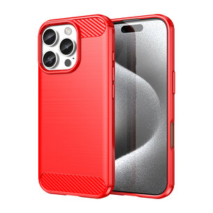 iPhone 16 Pro Hoesje - MobyDefend TPU Backcover - Geborstelde Metaal & Carbon-Look - Rood