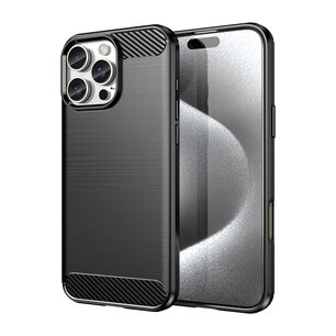 iPhone 16 Pro Max Hoesje - MobyDefend TPU Backcover - Geborstelde Metaal & Carbon-Look - Zwart