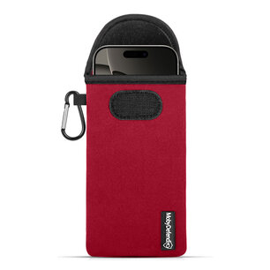 Hoesje voor iPhone 16 Pro - MobyDefend Neopreen Pouch Met Karabijnhaak - Insteekhoesje - Riemlus Hoesje - Rood