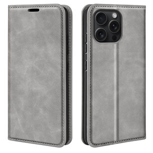 iPhone 16 Pro Max Hoesje - Luxe Wallet Bookcase (Magnetische Sluiting) - Grijs