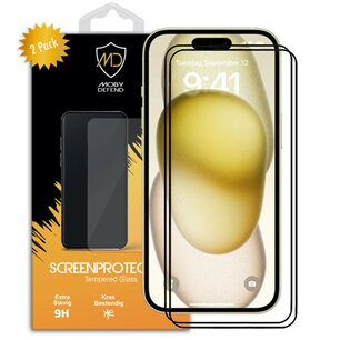 2-Pack iPhone 15 Plus Screenprotectors - MobyDefend Screensavers Met Zwarte Randen - Gehard Glas 