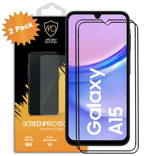 2-Pack Samsung Galaxy A15 Screenprotectors - MobyDefend Screensavers Met Zwarte Randen - Gehard Glas