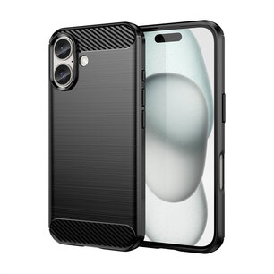 iPhone 16 Hoesje - MobyDefend TPU Backcover - Geborstelde Metaal & Carbon-Look - Zwart