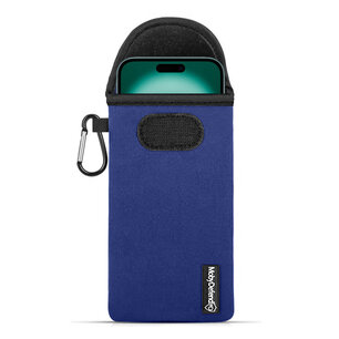 Hoesje voor iPhone 16 Plus - MobyDefend Neopreen Pouch Met Karabijnhaak - Insteekhoesje - Riemlus Hoesje - Blauw