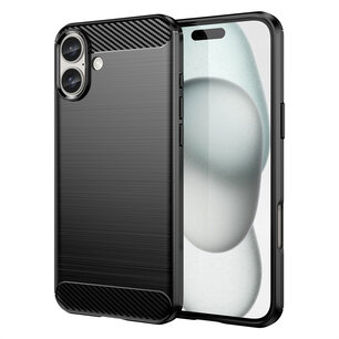 iPhone 16 Plus Hoesje - MobyDefend TPU Backcover - Geborstelde Metaal & Carbon-Look - Zwart