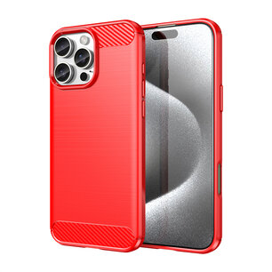 iPhone 16 Pro Max Hoesje - MobyDefend TPU Backcover - Geborstelde Metaal & Carbon-Look - Rood