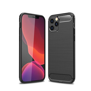 iPhone 12 / 12 Pro Hoesje - MobyDefend TPU Backcover - Geborstelde Metaal & Carbon-Look - Zwart