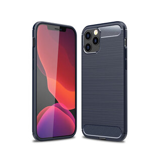 iPhone 12 / 12 Pro Hoesje - MobyDefend TPU Backcover - Geborstelde Metaal & Carbon-Look - Blauw