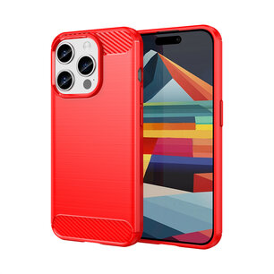 iPhone 15 Pro Hoesje - MobyDefend TPU Backcover - Geborstelde Metaal & Carbon-Look - Rood